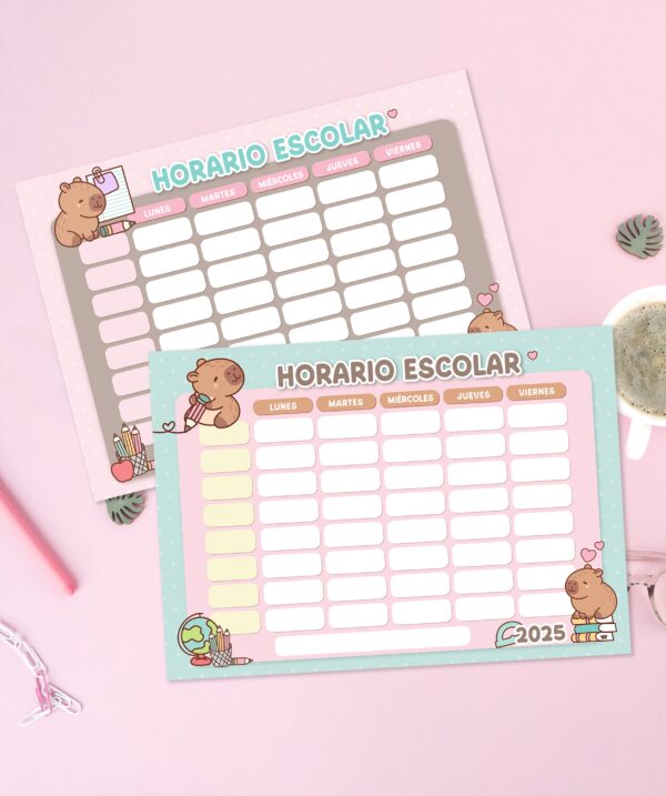 Horario Escolar Imprimible - Capibara Pack1 tamaño A4