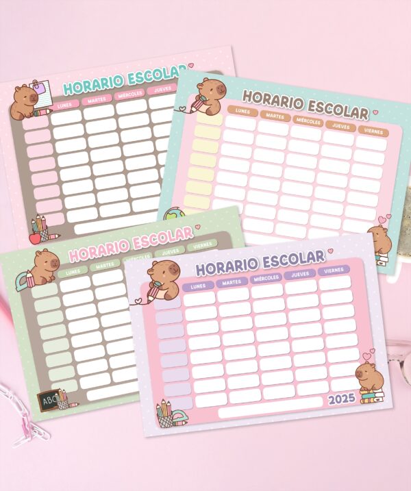 Horario Escolar Imprimible - Capibara Pack1 tamaño A4 - Imagen 4