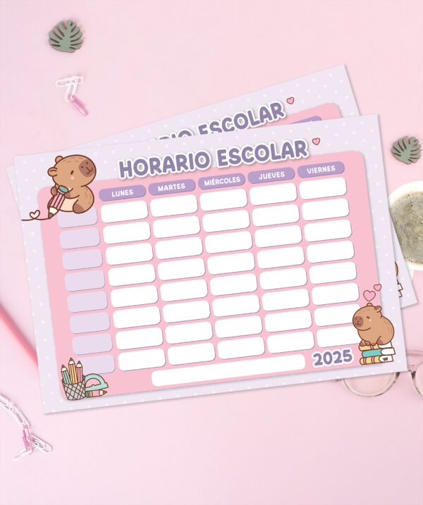 Horario Escolar Imprimible - Capibara Pack2 tamaño A4 - Imagen 3