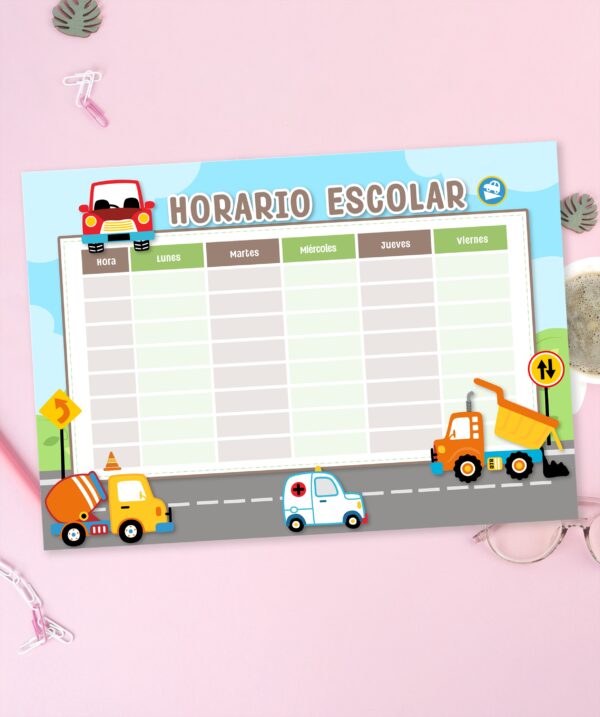 Horario Escolar Imprimible – Camiones 013 - tamaño A4 - Imagen 2