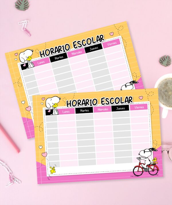 Horario Escolar Imprimible – Snoopy 011 - tamaño A4