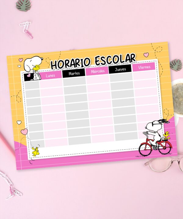 Horario Escolar Imprimible – Snoopy 011 - tamaño A4 - Imagen 2